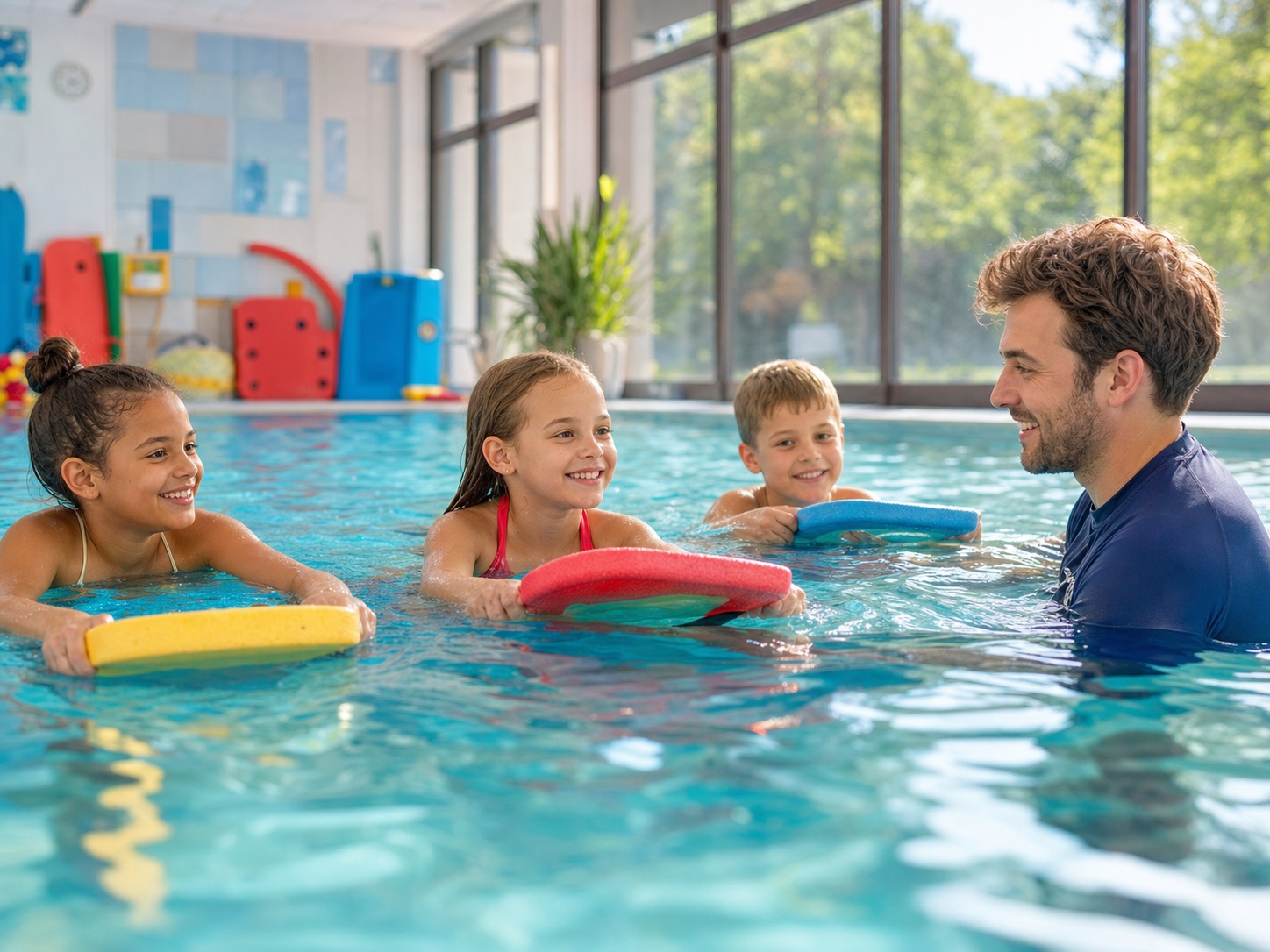 Kleine Gruppe bei einer fröhlichen Schwimmstunde